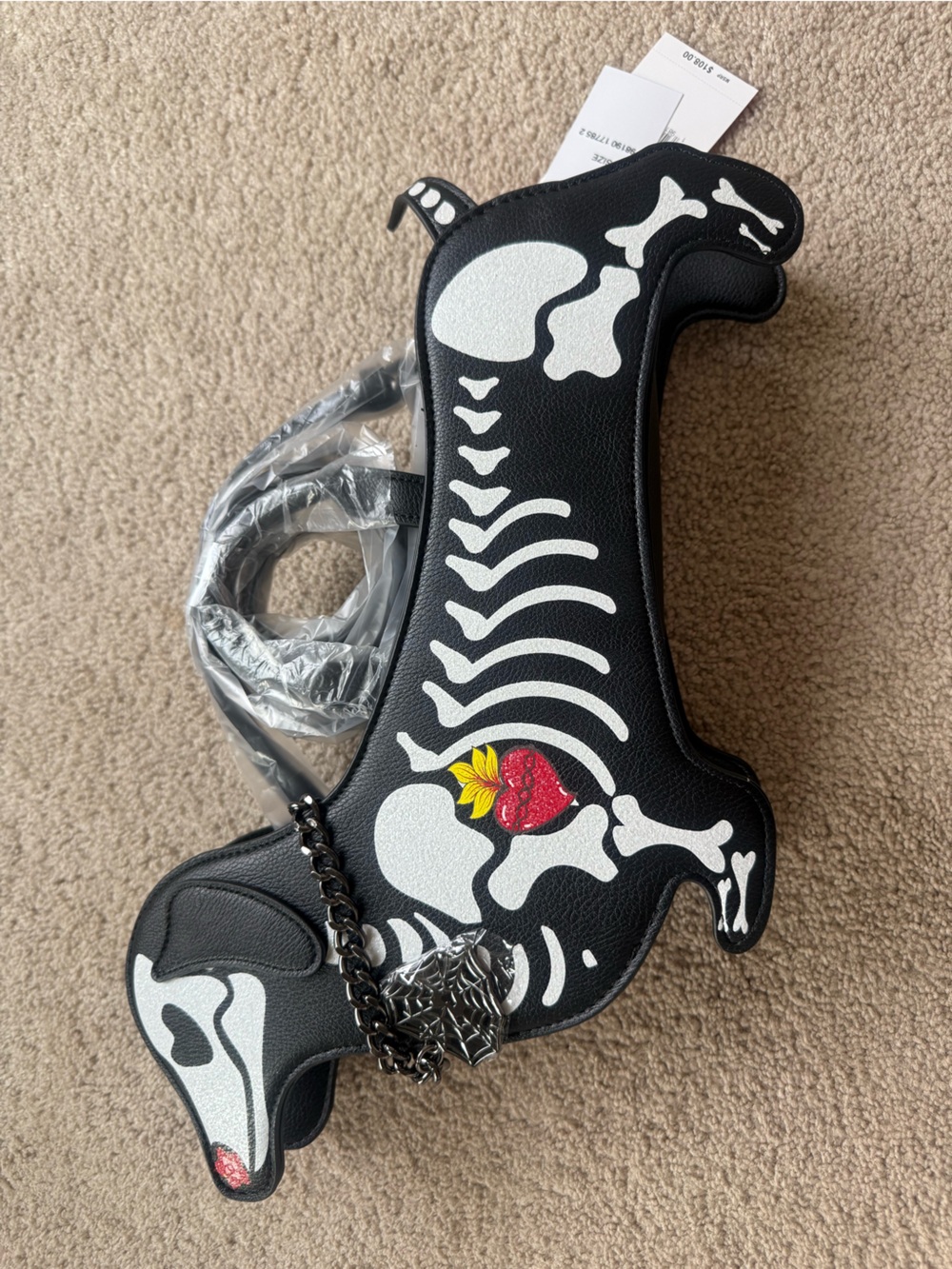 Betsey Johnson Black Skeleton Dog Crossbody Bag with Red Heart Accent